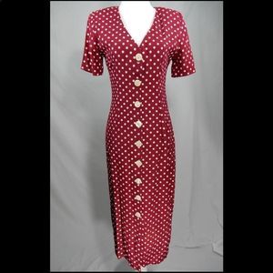 Vintage Red and White Polka Dot Buttoned Sheath Midi Dress